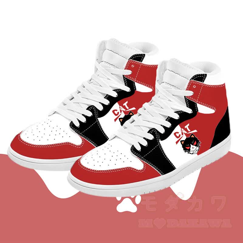 MODAKAWA Black Cat Graphic Color Block High Top Canvas Shoes - Red - 48 - image 1