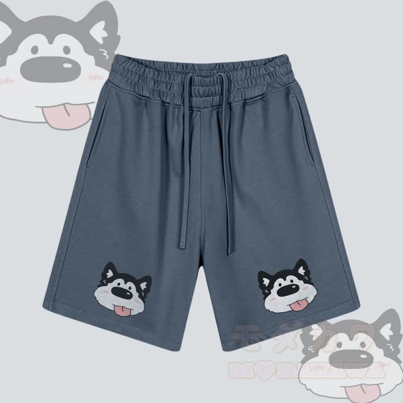 MODAKAWA Tongue Out Dog Graphic Drawstring Shorts - Dusty Blue - 2XL - image 1