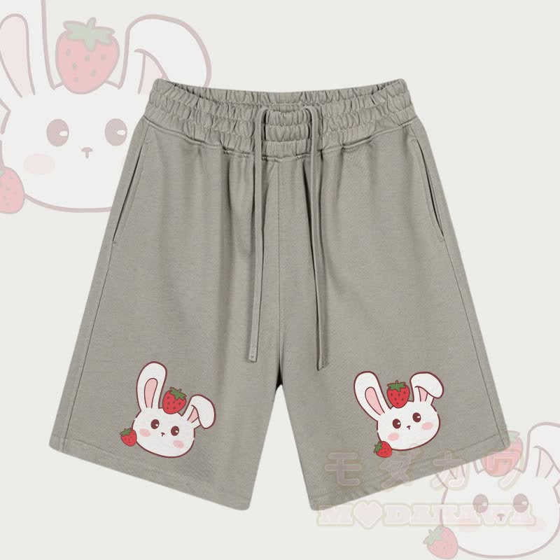 MODAKAWA Strawberry Bunny Graphic Drawstring Shorts - Grey Brown - 2XL - image 2