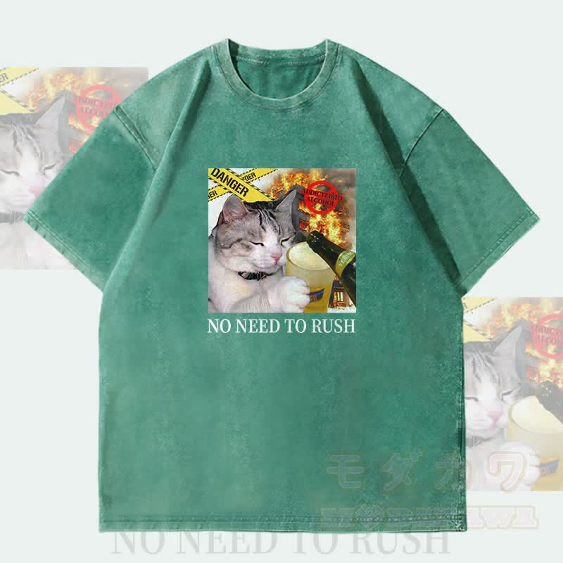 MODAKAWA NO NEED TO RUSH Drinking Cat Graphic Unisex Vintage Washed T-Shirt - Green - 4XL - image 2