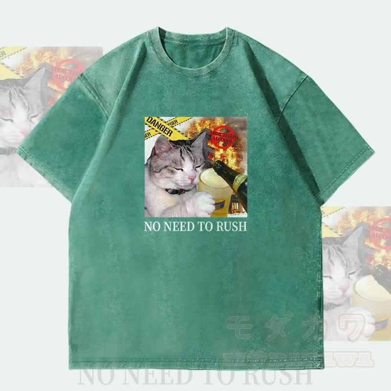 MODAKAWA NO NEED TO RUSH Drinking Cat Graphic Unisex Vintage Washed T-Shirt - Green - 4XL - image 2