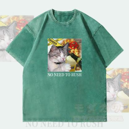 MODAKAWA NO NEED TO RUSH Drinking Cat Graphic Unisex Vintage Washed T-Shirt - Green - 4XL - image 2
