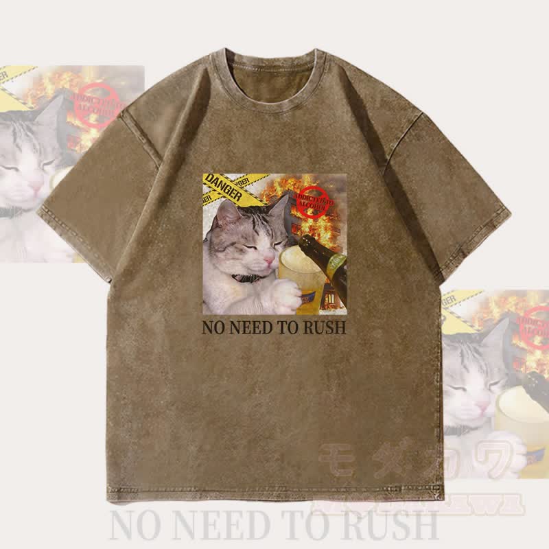 MODAKAWA NO NEED TO RUSH Drinking Cat Graphic Unisex Vintage Washed T-Shirt - Dark Brown - 4XL - image 1