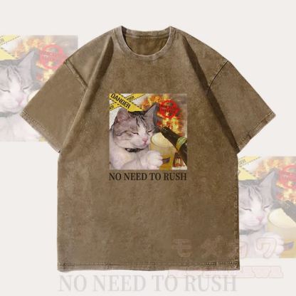 MODAKAWA NO NEED TO RUSH Drinking Cat Graphic Unisex Vintage Washed T-Shirt - Dark Brown - 4XL - image 1