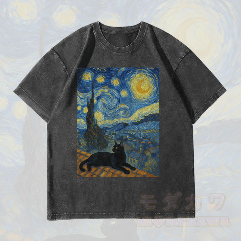 MODAKAWA Black Cat Under the Night Sky Graphic Unisex Vintage Washed T-Shirt - Black - 4XL - image 4