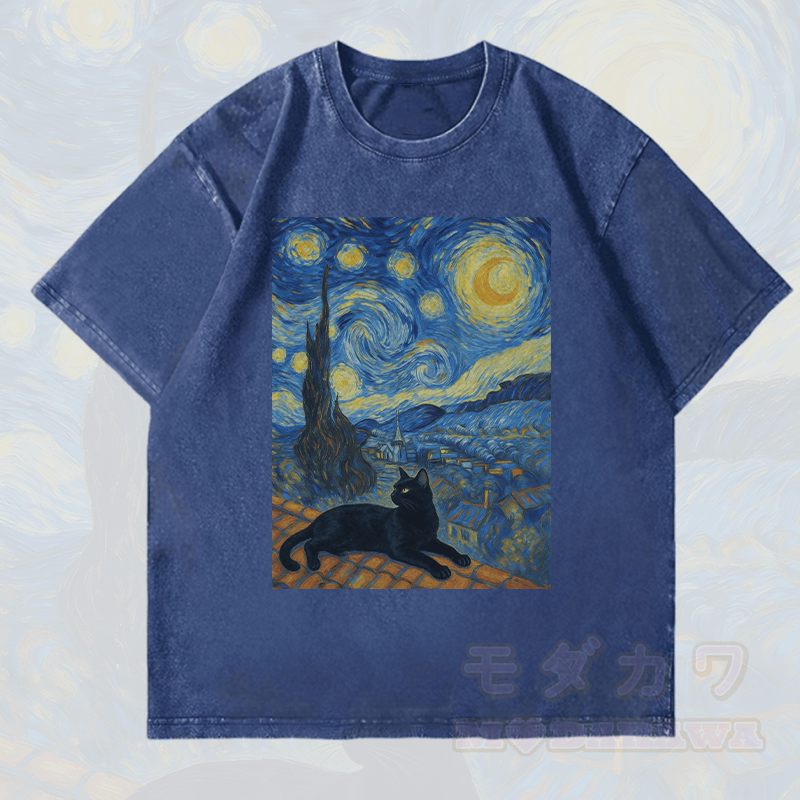 MODAKAWA Black Cat Under the Night Sky Graphic Unisex Vintage Washed T-Shirt - Dark Blue - 4XL - image 2