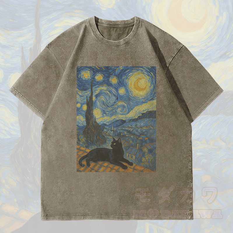 MODAKAWA Black Cat Under the Night Sky Graphic Unisex Vintage Washed T-Shirt - Army Green - 4XL - image 3