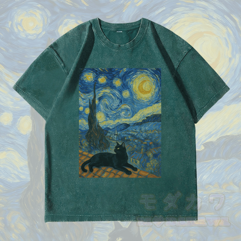 MODAKAWA Black Cat Under the Night Sky Graphic Unisex Vintage Washed T-Shirt - Dark Green - 4XL - image 1
