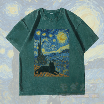 MODAKAWA Black Cat Under the Night Sky Graphic Unisex Vintage Washed T-Shirt - Dark Green - 4XL - image 1