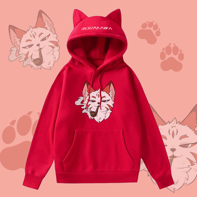 MODAKAWA Smoking Red Fox Graphic Pocket Fleece Lined Hoodie with Cat Ears - Red - 2XL - image 2