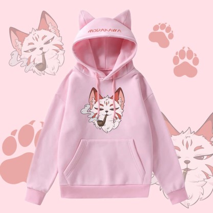 MODAKAWA Smoking Red Fox Graphic Pocket Fleece Lined Hoodie with Cat Ears - Pink - 2XL - image 1
