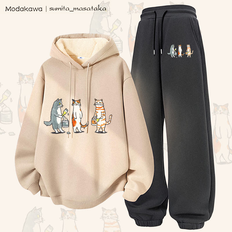 MODAKAWA X sumita_masataka Cat Painter Graphic Thick Fleece Lined Hoodie Pants Two Pieces Set - Apricot&Dark Grey - 5XL - image 1