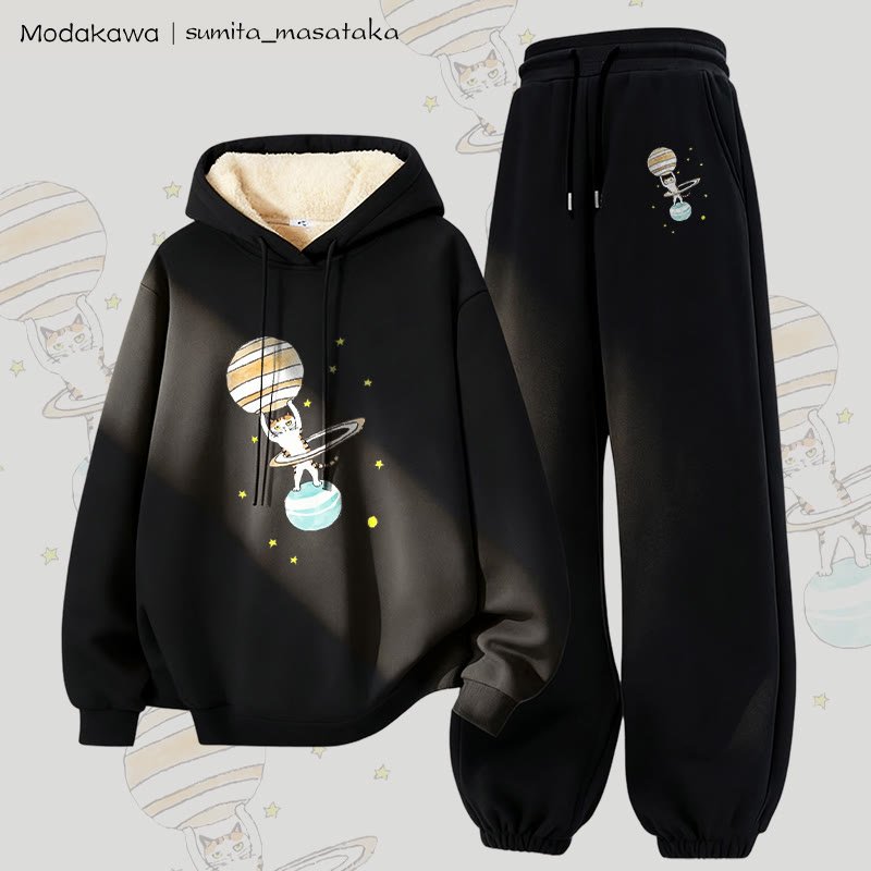 MODAKAWA X sumita_masataka Cat Lifting Saturn Graphic Thick Fleece Lined Hoodie Pants Two Pieces Set - Black - 5XL - image 4