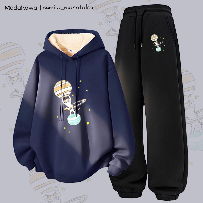 MODAKAWA X sumita_masataka Cat Lifting Saturn Graphic Thick Fleece Lined Hoodie Pants Two Pieces Set - Purplish Blue&Black - 5XL - image 1