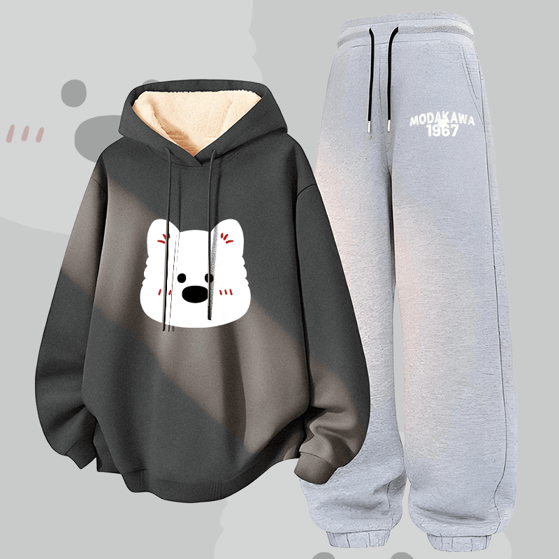 MODAKAWA Cute Bear Graphic Thick Fleece Lined Hoodie Pants Two Pieces Set - Dark Grey&Grey - 5XL - image 1