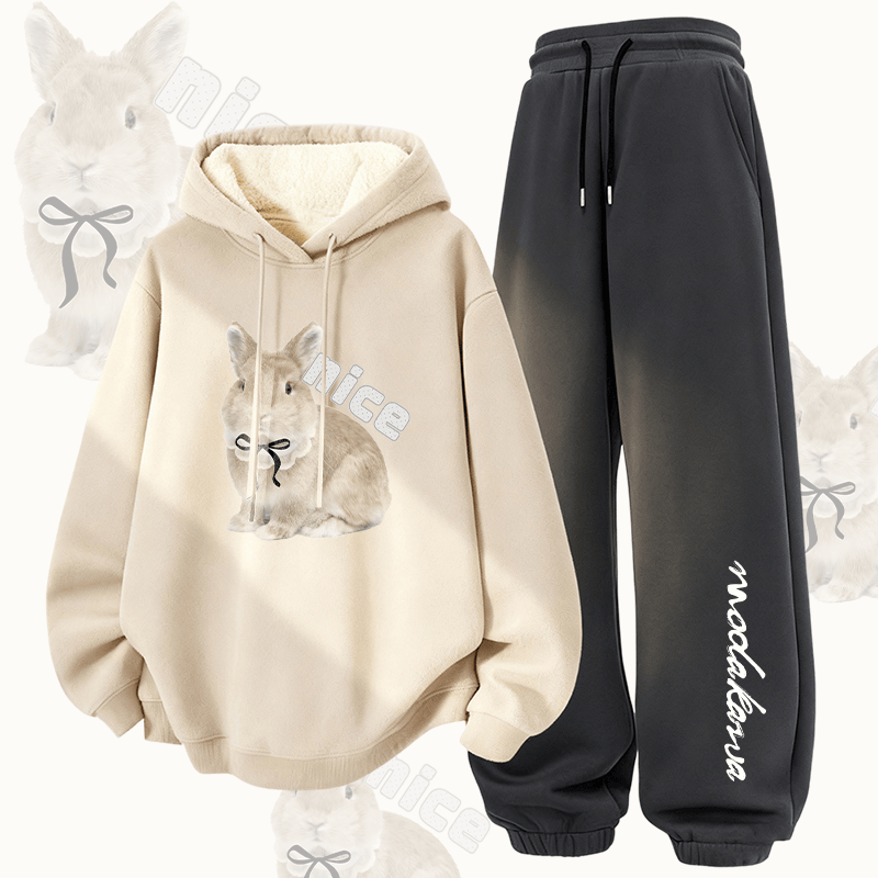 MODAKAWA NICE Bow Bunny Graphic Thick Fleece Lined Hoodie Pants Two Pieces Set - Apricot&Dark Grey - 5XL - image 1