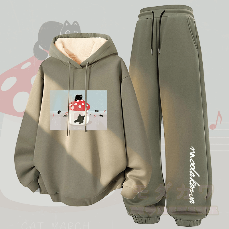 MODAKAWA Cat Melody Graphic Thick Fleece Lined Hoodie Pants Two Pieces Set - Green - 5XL - image 2