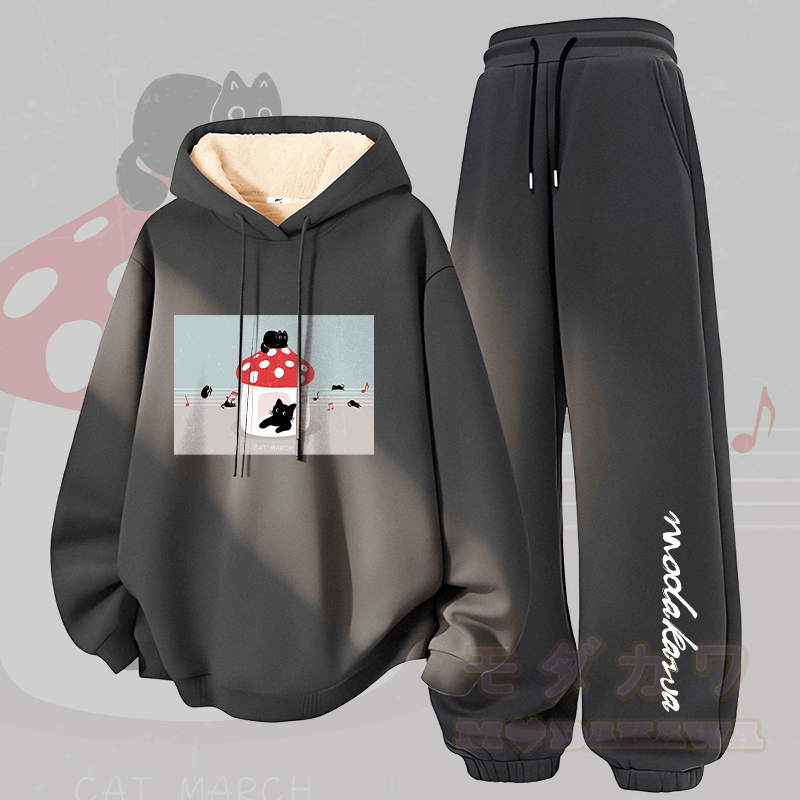 MODAKAWA Cat Melody Graphic Thick Fleece Lined Hoodie Pants Two Pieces Set - Dark Grey - 5XL - image 1