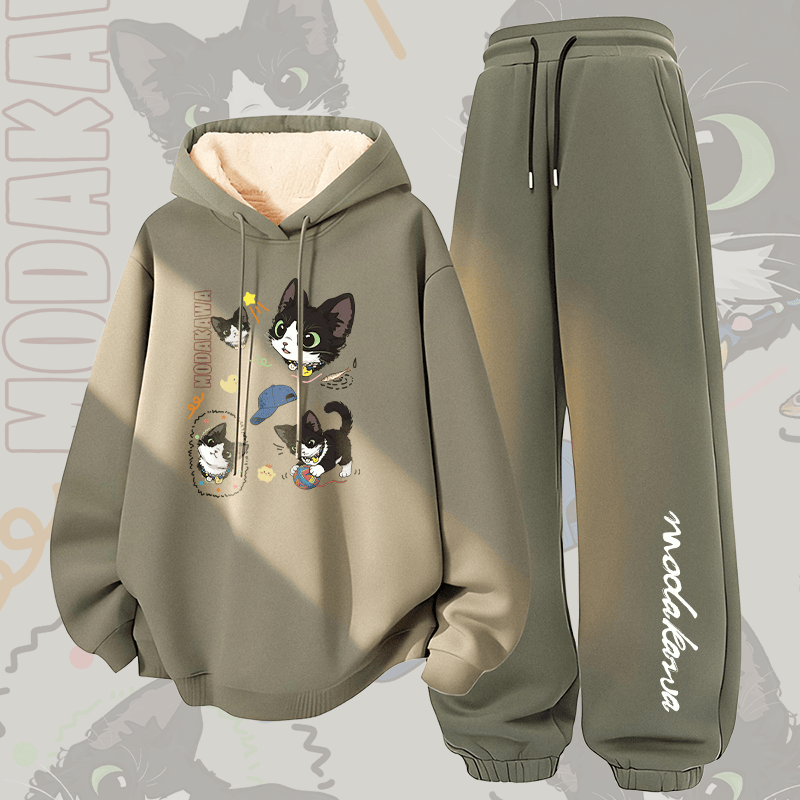 MODAKAWA Cheeky Black Cat Graphic Thick Fleece Lined Hoodie Pants Two Pieces Set - Green - 5XL - image 1
