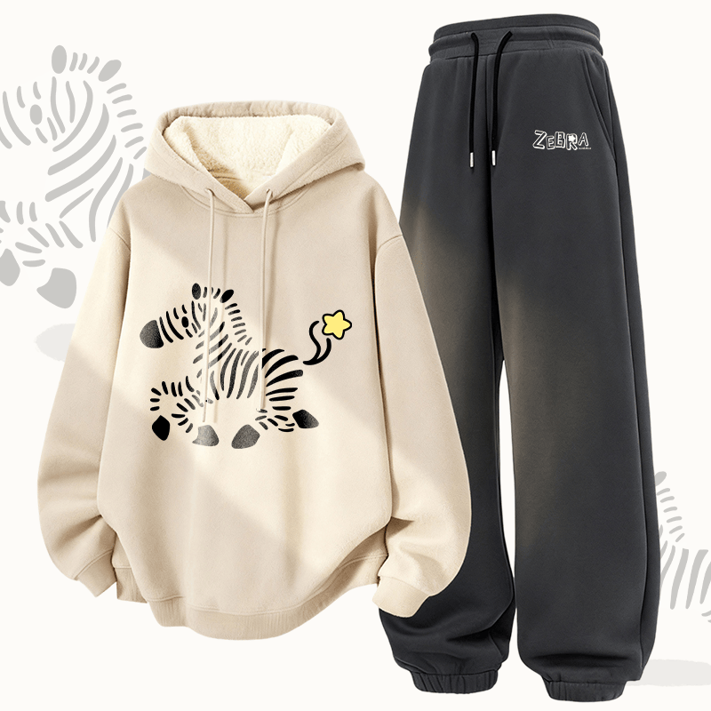MODAKAWA Running Zebra Graphic Thick Fleece Lined Hoodie Pants Two Pieces Set - Apricot&Dark Grey - 5XL - image 1