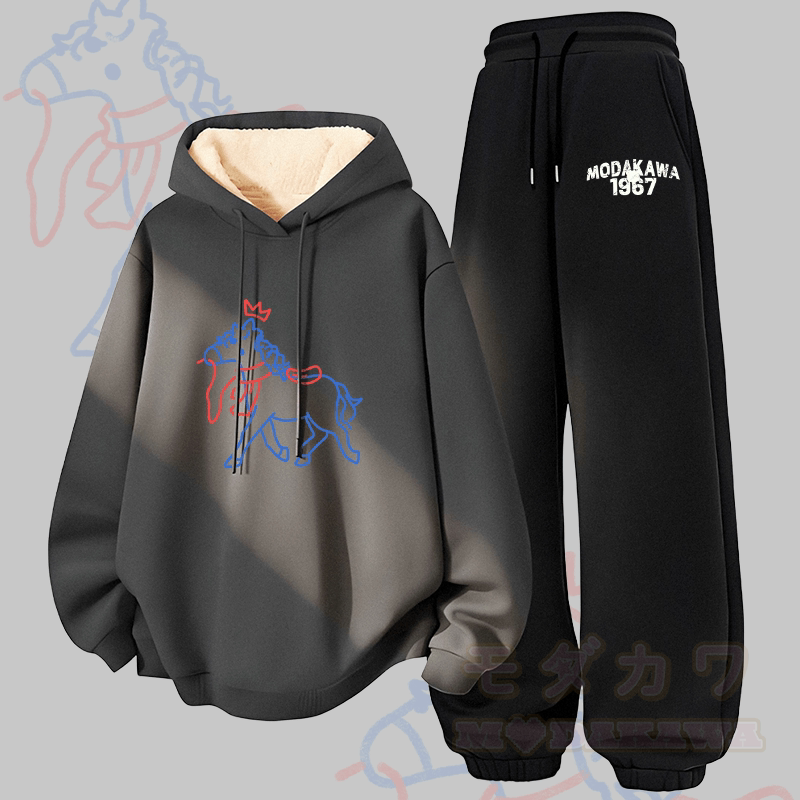 MODAKAWA Crowned Horse Graphic Thick Fleece Lined Hoodie Pants Two Pieces Set - Dark Grey&Black - 5XL - image 3