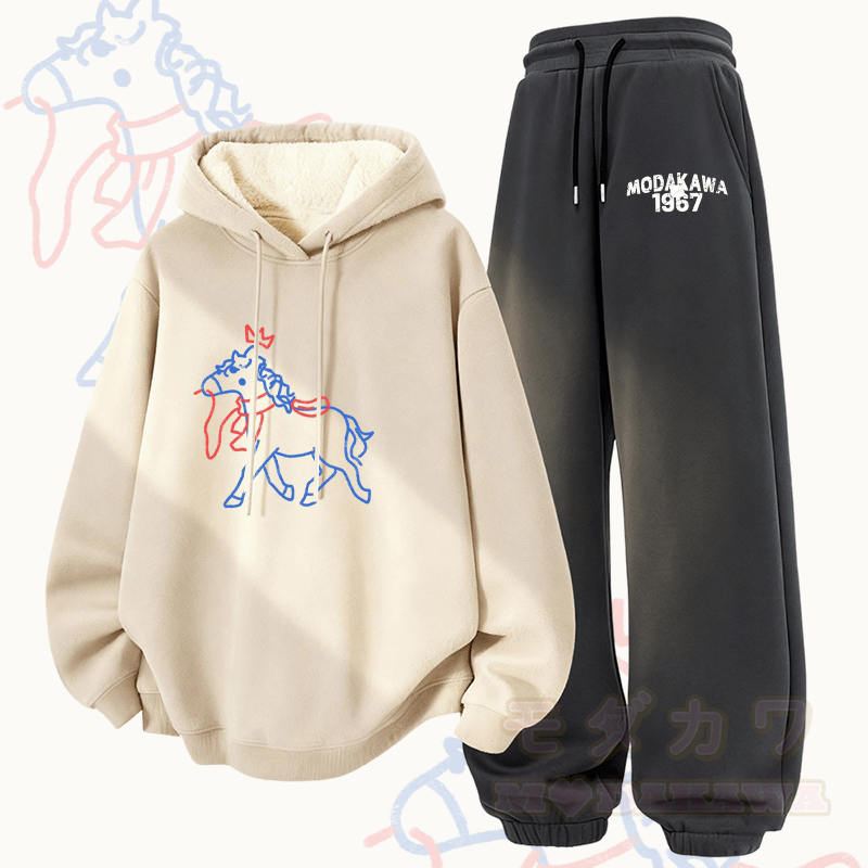 MODAKAWA Crowned Horse Graphic Thick Fleece Lined Hoodie Pants Two Pieces Set - Apricot&Dark Grey - 5XL - image 2
