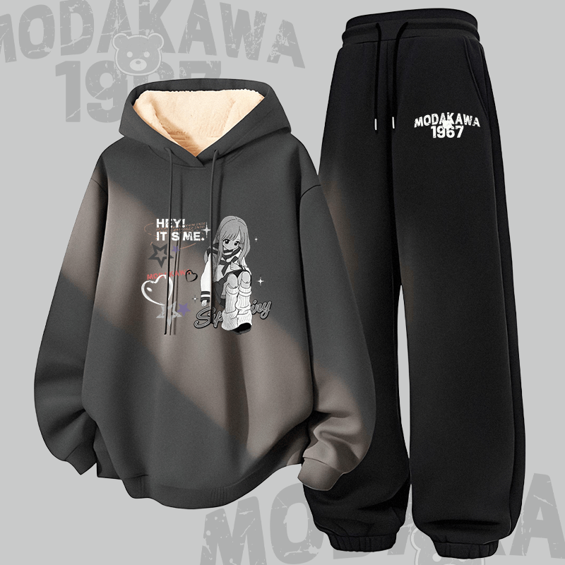 MODAKAWA HEY! IT'S ME Girl Graphic Thick Fleece Lined Hoodie Pants Two Pieces Set - Dark Grey&Black - 5XL - image 1
