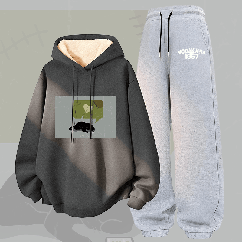 MODAKAWA Silent Heart Cat Graphic Thick Fleece Lined Hoodie Pants Two Pieces Set - Dark Grey&Grey - 5XL - image 1