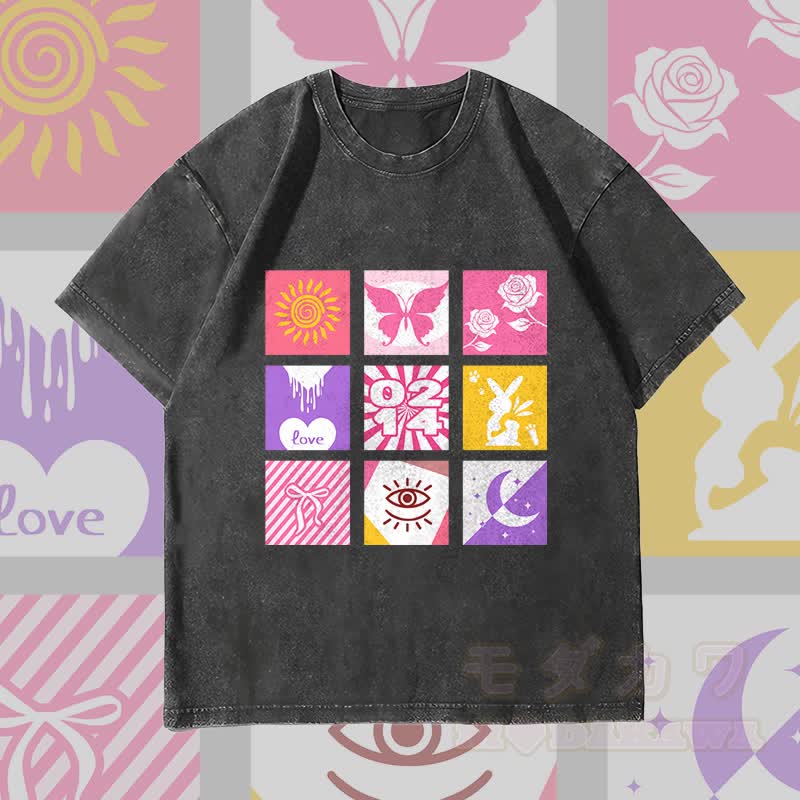 MODAKAWA Mixed Symbol Grid Graphic Unisex Vintage Washed T-Shirt - Black - 4XL - image 1