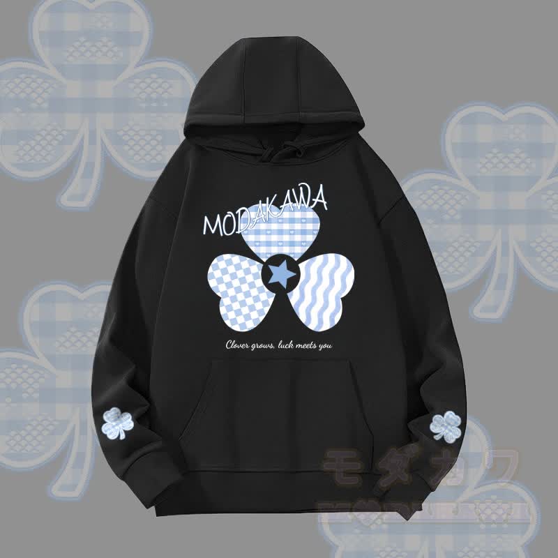 MODAKAWA Blue Gingham Triple Clover Graphic Heavyweight Hoodie - Black - 2XL - image 1