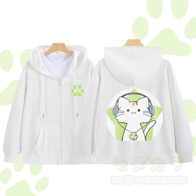 MODAKAWA Triple Clover Music Cat Graphic Zip Up Hoodie Sweatshirt - White - 5XL - image 4