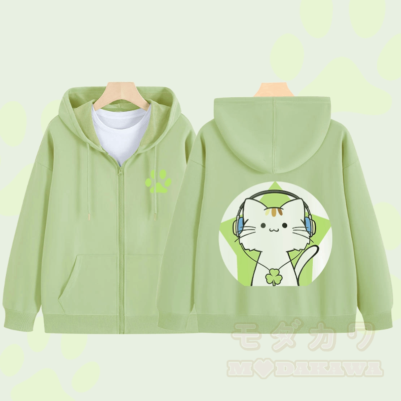 MODAKAWA Triple Clover Music Cat Graphic Zip Up Hoodie Sweatshirt - Green - 5XL - image 2