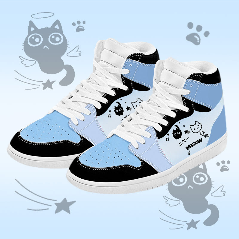 MODAKAWA Cat Graphic Color Block High Top Canvas Shoes - Blue A - 48 - image 1