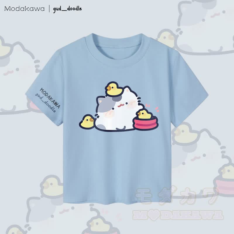 MODAKAWA x gud_doodle Kitty Chick Graphic Women's Cropped T-Shirt 92% Combed Cotton Crop Top - Blue - XL - image 2