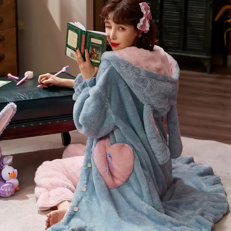 Cute Bunny Ears Open Front Plush Hooded Pajama Set - image 7