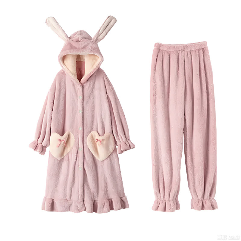 Cute Bunny Ears Open Front Plush Hooded Pajama Set - image 2