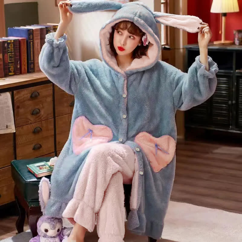 Cute Bunny Ears Open Front Plush Hooded Pajama Set - Blue - 2XL - image 5