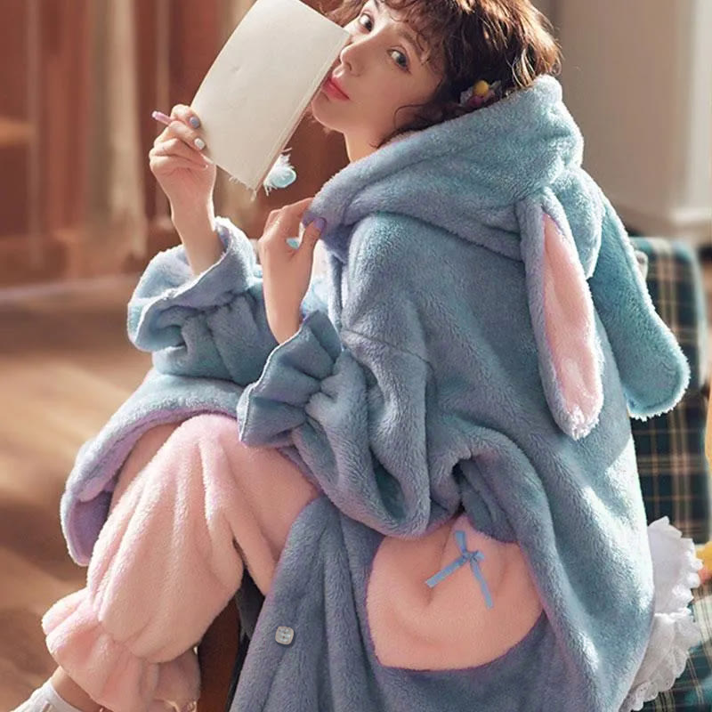 Cute Bunny Ears Open Front Plush Hooded Pajama Set - image 1