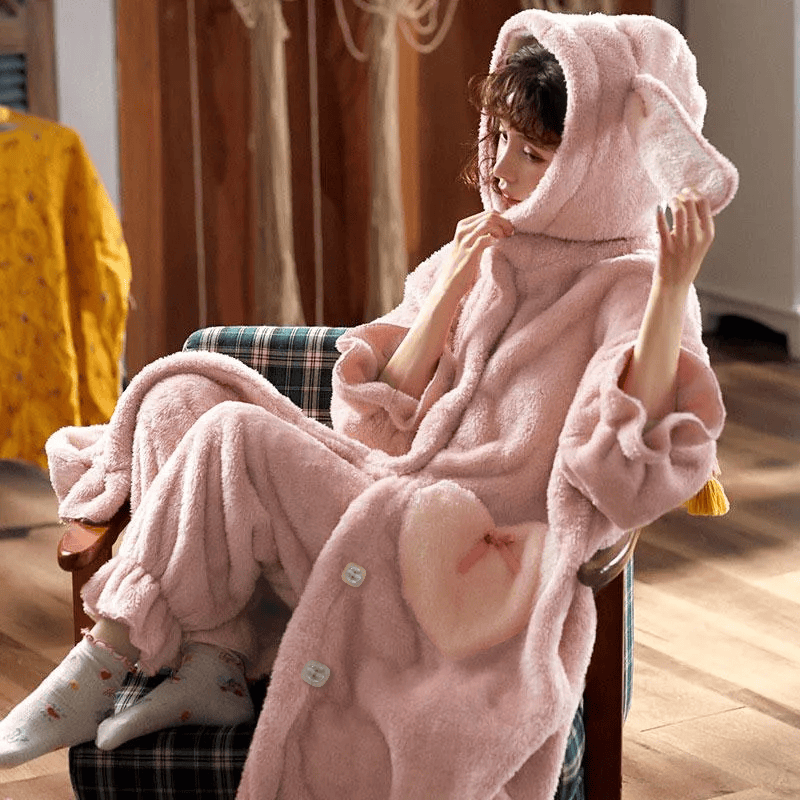 Cute Bunny Ears Open Front Plush Hooded Pajama Set - image 4