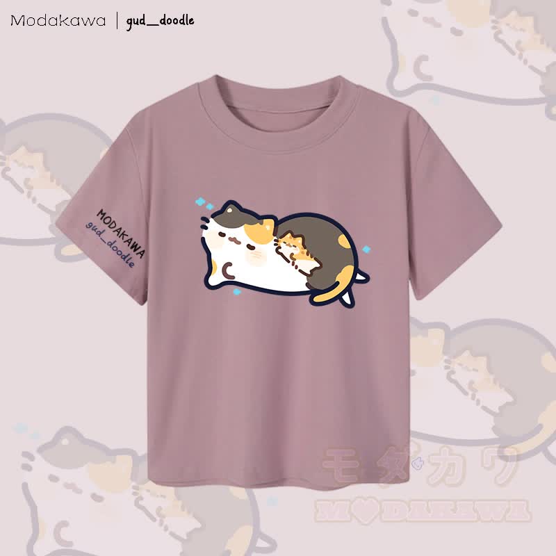 MODAKAWA x gud_doodle Sleeping Kitty Graphic Women's Cropped T-Shirt 92% Combed Cotton Crop Top - Purple - XL - image 2