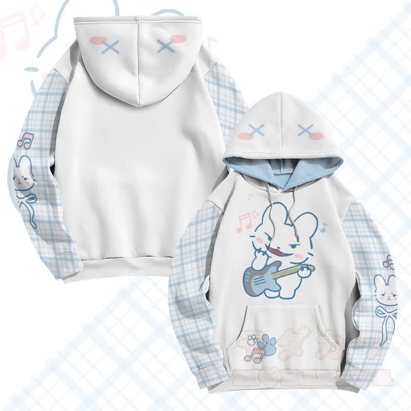 MODAKAWA Guitar Bunny Graphic All Over Print Pullover Hoodie - White&Blue - 5XL - image 1