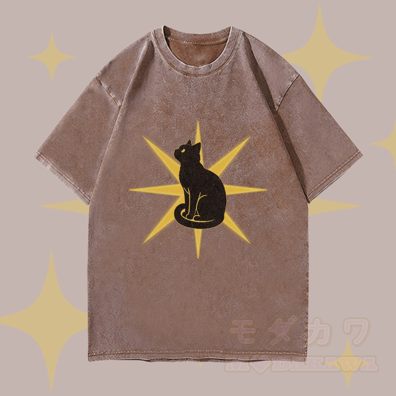MODAKAWA Starlight Black Cat Graphic Unisex Vintage Washed T-Shirt - Brown - 4XL - image 2