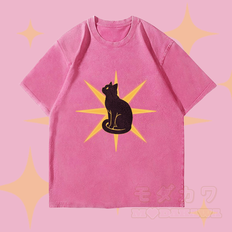 MODAKAWA Starlight Black Cat Graphic Unisex Vintage Washed T-Shirt - Rose Red - 4XL - image 1