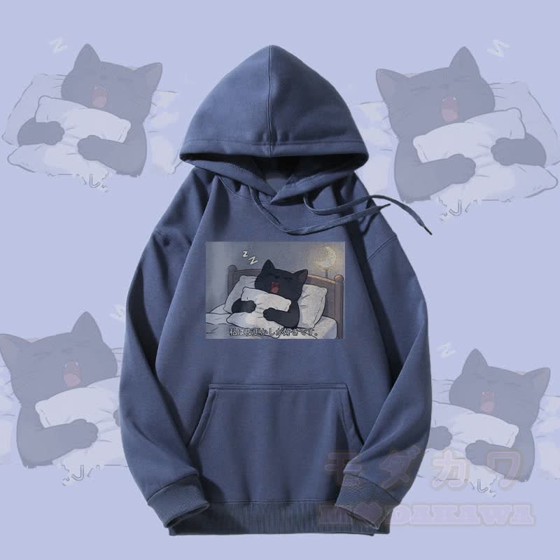 MODAKAWA Sleepy Black Cat Graphic Fleece Lined Hoodie - Dusty Blue - 5XL - image 2