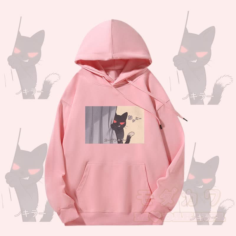 MODAKAWA Peeking Black Cat Graphic Fleece Lined Hoodie - Pink - 5XL - image 2