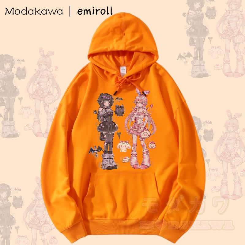 MODAKAWA X emiroll Ruru Rumi Graphic Streetwear Pullover Hoodie - Orange - 5XL - image 3