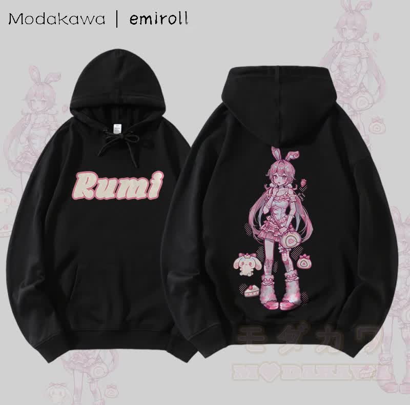 MODAKAWA X emiroll Rumi Graphic Streetwear Pullover Hoodie - Black - 5XL - image 4