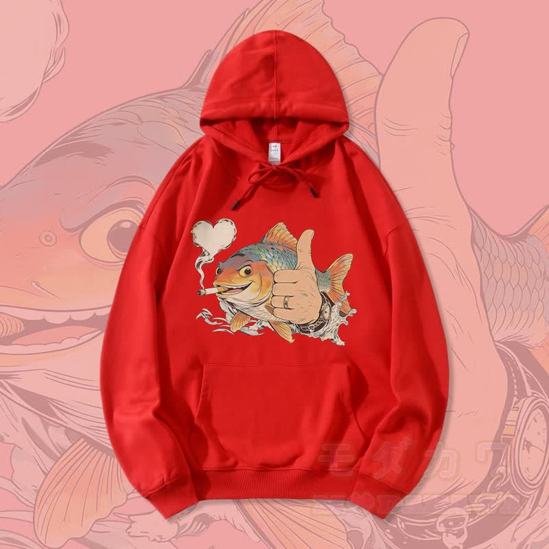 MODAKAWA Smoking Fish Graphic Streetwear Pullover Hoodie - Red - 5XL - image 2