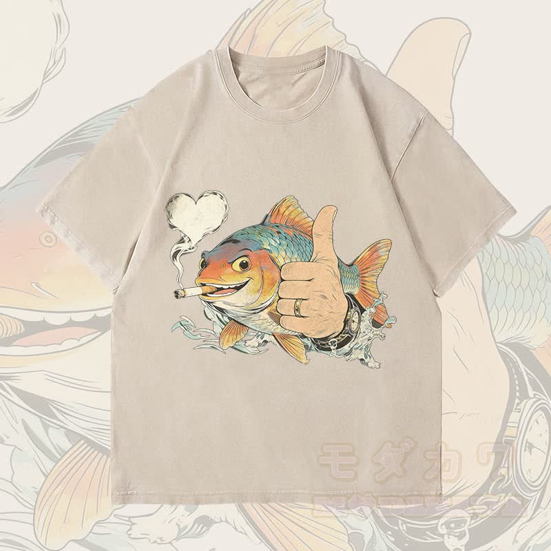 MODAKAWA Smoking Fish Graphic Unisex Vintage Washed T-Shirt - Beige - 4XL - image 2