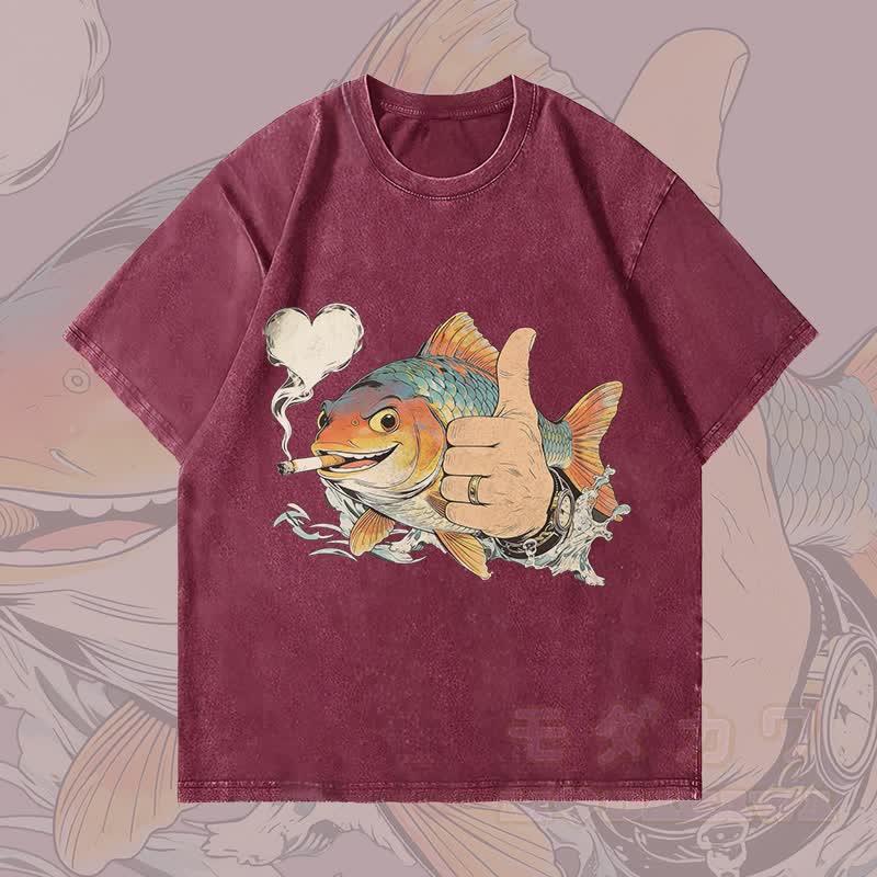 MODAKAWA Smoking Fish Graphic Unisex Vintage Washed T-Shirt - Wine Red - 4XL - image 1
